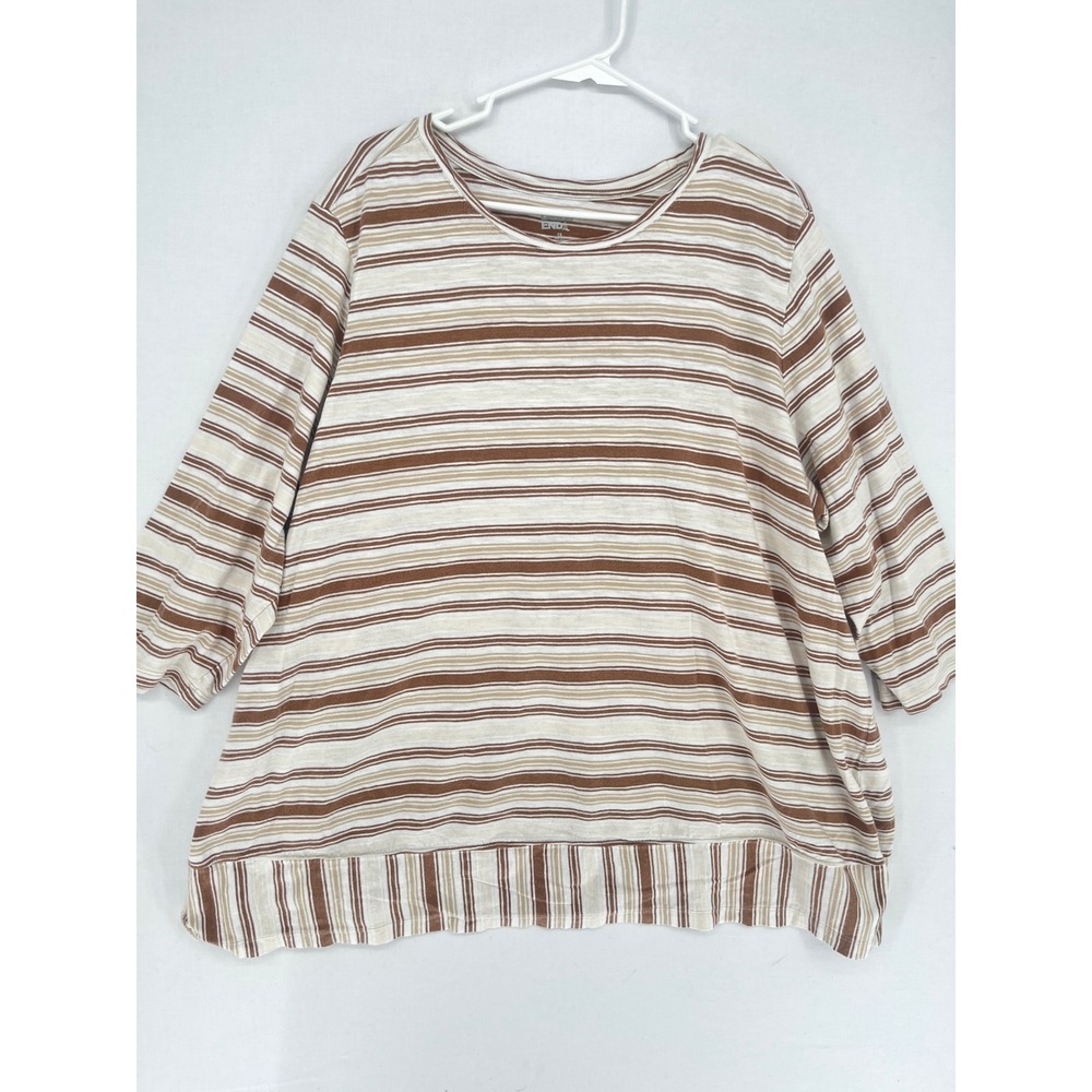 Lands End Womens 2X Top Brown Tan Striped 3/4 Sleeve Cotton Crew Neck Shirt 2997